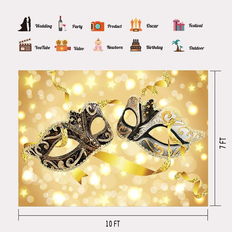 PHMOJEN 10x7ft Gold Masks Backdrop Masquerade Mardi Gras Party Banner Photography Background Vinyl Photo Studio Props LYPH976 - Image 2